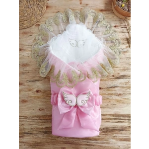 Yenidoğan Shine Kumru Melek Kanat Fiyonklu Gold Dantel Duvaklı Delüks Kundak Bebek Battaniyesi Pembe