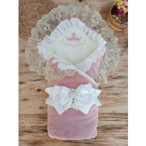 Yenidoğan Wool Yün Kumaş Taç Nakışlı Güpür Duvaklı Fiyonk Prizma Taş Unisex Kundak Bebek Battaniyesi Pembe