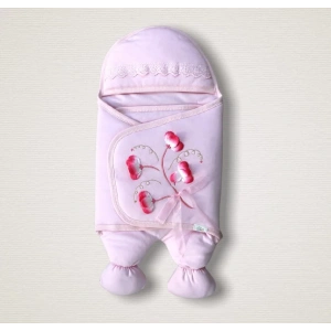 Yenidoğan Yapay Çiçek İşlemeli Şapkalı Lüks Kız Bebek Ayaklı Kundak Bebek Battaniyesi Pembe