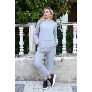 venüsshopping- Kadın Pamuk Kapşonlu Cepli 3 İplik Gri Eşofman Takım