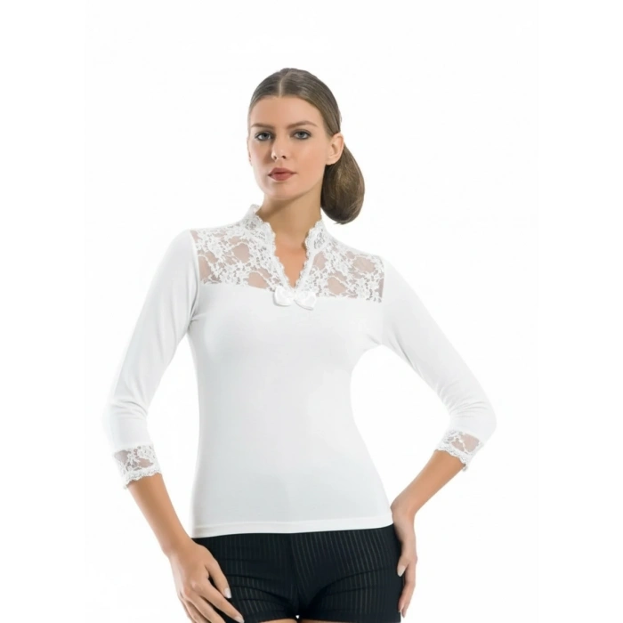 Geniş Dantelli Patlı Uzun Kollu Elestan Bluz  2176