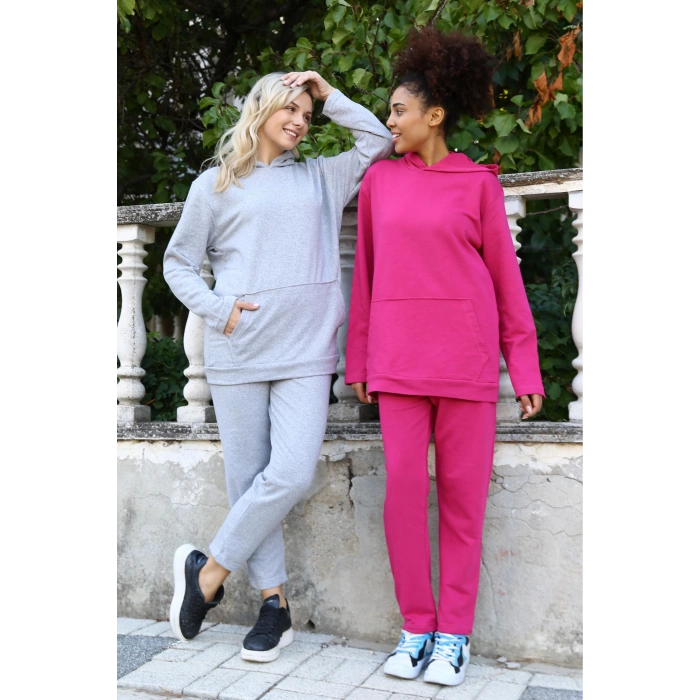 venüsshopping- Kadın Pamuk Kapşonlu Cepli 3 İplik Fuşya Eşofman Takım