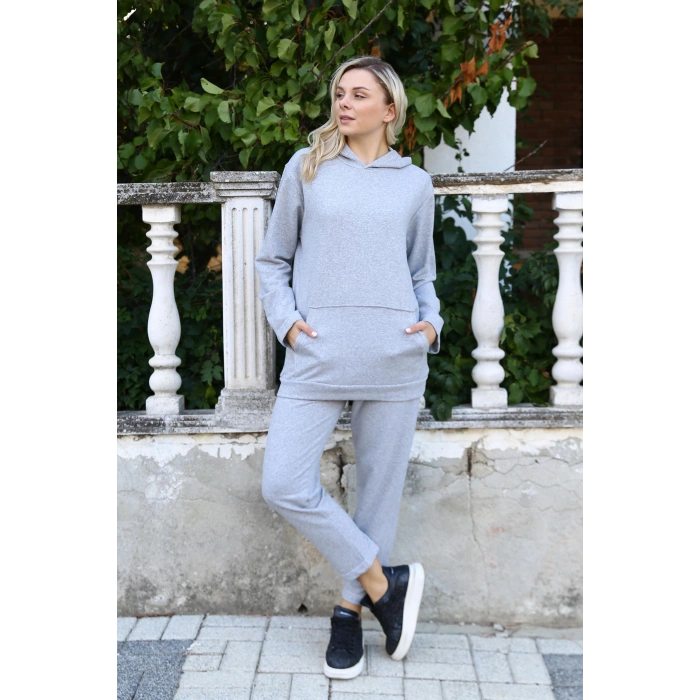 venüsshopping- Kadın Pamuk Kapşonlu Cepli 3 İplik Gri Eşofman Takım