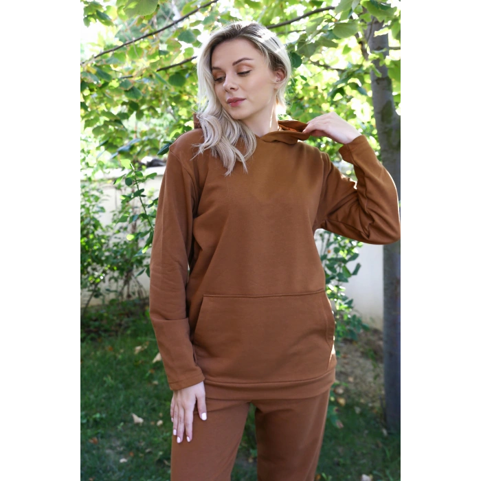 venüsshopping- Kadın Pamuk Kapşonlu Cepli 3 İplik Kahve Eşofman Takım