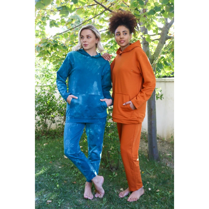 venüsshopping- Kadın Pamuk Kapşonlu Cepli 3 İplik Kiremit Eşofman Takım