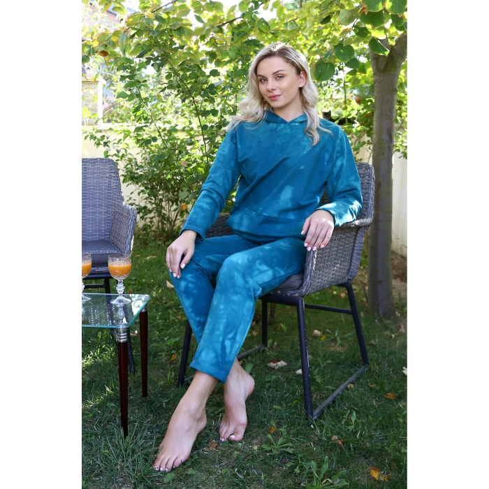 venüsshopping- Kadın Pamuk Kapşonlu Cepli 3 İplik Turkuaz Eşofman Takım