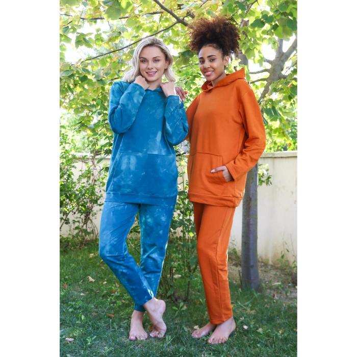 venüsshopping- Kadın Pamuk Kapşonlu Cepli 3 İplik Turkuaz Eşofman Takım