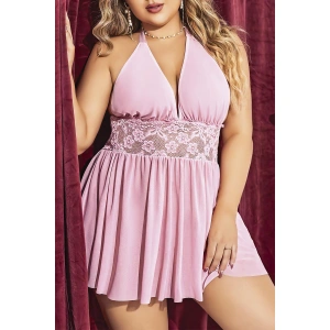 Büyük Beden Pembe Dantel İşlemeli Boyundan Bağlamalı Fantezi Gecelik
