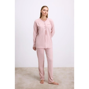 Gül Kurusu Modal Pamuklu Uzun Kollu Düğmeli 2li Pijama Takımı