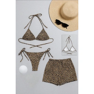 Kadın 3lü Set Leopar Desenli Şortlu Ve Yandan Bağlamalı Bikini Mayo Takımı