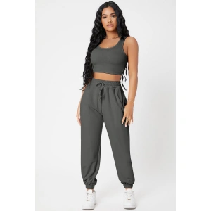 Kadın Antrasit Gri Kaşkorse Cepli Jogger Eşofman Altı Ve Crop Top Bluz