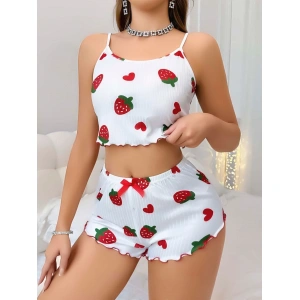 Kadın Beyaz Çilek Desenli Şortlu Pijama Takımı 5053