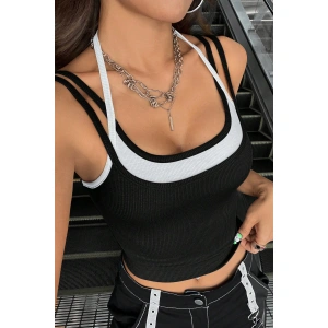Kadın Beyaz Siyah Çift Renk Çapraz Askılı Crop Top Bluz
