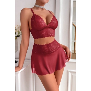 Kadın Bordo Dantel Ve Tül Detaylı Etekli Şık Gecelik Takımı