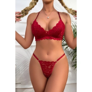 Kadın Bordo Sırtı Dantel Ve İp Detaylı Şık Sütyen Külot Takımı