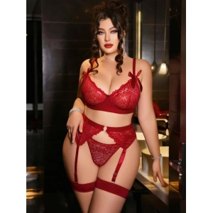 Kadın Büyük Beden Kırmızı Dantelli Jartiyerli Fantezi İç Giyim Takımı 8005