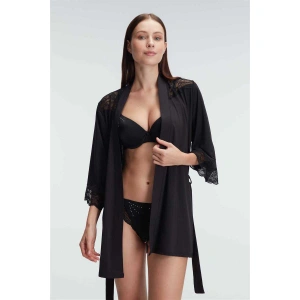 Kadın Dantelli Sabahlık Balenli Destekli Dolgulu Taşlı Sütyen Ve String 3lü Takım