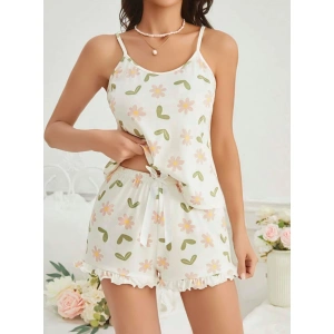 Kadın Ekru Çiçek Baskılı Şortlu Gecelik Pijama Takımı 5047