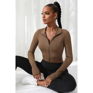 Kadın Kahverengi Uzun Kol Fermuarlı Parmak Geçme Detaylı Dik Yaka Crop Top Bluz