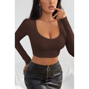 Kadın Kahverengi Uzun Kol Kare Yaka Crop Top Bluz