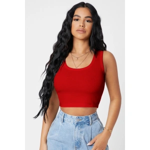 Kadın Kırmızı Kare Yaka Crop Top Bluz