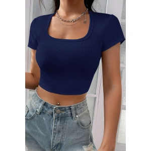 Kadın Lacivert Yarım Kol Düz Yaka Crop Top Bluz