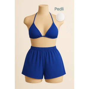Kadın Mavi Şortlu Belden Ve Boyundan Bağlamalı Bikini Takımı