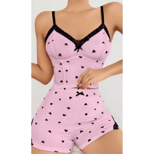 Kadın Pembe Kalp Desenli Askılı Şortlu Pijama Takım 6647