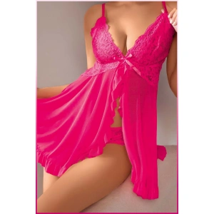 Kadın Seksi Fuşya Tül Gecelik Ve Külot Takım