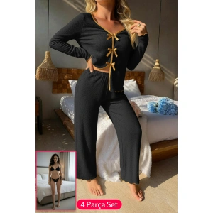 Kadın Siyah Fiyonklu İç Çamaşırı Ve Uzun Kollu V Yaka Pijama Takımı 4lü Set