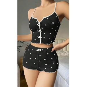 Kadın Siyah Kalp Desenli Askılı Şortlu Pijama Takım 6650