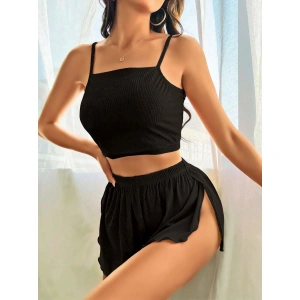 Kadın Siyah Yandan Yırtmaçlı Askılı Şortlu Pijama Takım 6658
