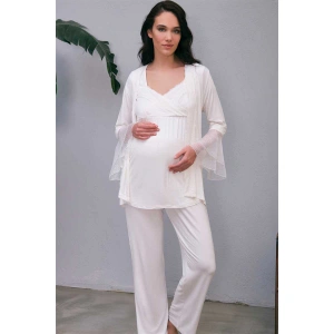 Kadın Viskon Hamile Lohusa Dantelli Sabahlık Önden Açılan Emzirme T-shirt Ve Pantolon Pijama 3lü Takım