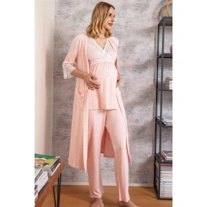 Kadın Viskon Hamile Lohusa Dantelli Sabahlık Önden Açılan Emzirme T-shirt Ve Pantolon Pijama 3lü Takım
