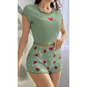Kadın Yeşil Çilek Desenli Askılı Şortlu Pijama Takım 6648