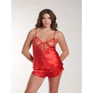 Kırmızı Dantel Detaylı İnce Askılı Saten Şortlu Takım