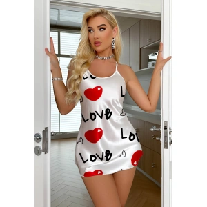 Love Desenli Beyaz Saten Gecelik