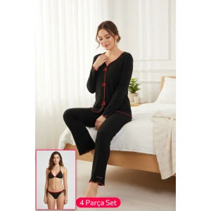 Premium Kadın 4’lü Fitilli Set – Siyah Kırmızı Biyeli (pijama Üst, Pantolon, Bikini Takımı)