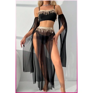 Siyah Pul Aksesuarlı Tül Etekli Kadın Seksi Gecelik