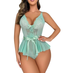 Yeşil Dantel İşlemeli Kurdelalı Fantezi Tül Babydoll