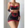 5 Parça Kırmızı Siyah Dantel Çiçek Desen Hizmetçi Model Özel Fantazi Tanga Hediyeli 3815