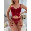 Bordo Babydoll İç Giyim Seti Bustiyer  ,külot , Bacak Bantları