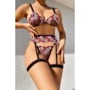 Fantezi Bacak Bantlı Çiçek Desenli Sütyen Külot Takım