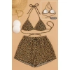 Kadın 3lü Set Leopar Desenli Şortlu Ve Yandan Bağlamalı Bikini Mayo Takımı