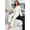 Kadın Beyaz Önden Bağlamalı Kolu Ve Paçası Fırfır Detaylı Uzun Kollu Pijama Takımı