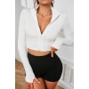 Kadın Beyaz Uzun Kol Fermuarlı Parmak Geçme Detaylı Dik Yaka Crop Top Bluz
