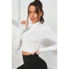 Kadın Beyaz Uzun Kol Fermuarlı Parmak Geçme Detaylı Dik Yaka Crop Top Bluz