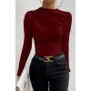 Kadın Bordo Belden Ve Boyundan Büzgü Detaylı Uzun Kollu Bluz