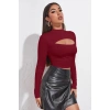 Kadın Bordo Göğüs Dekolteli Uzun Kollu Cut Out Crop Top Bluz