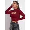 Kadın Bordo Göğüs Dekolteli Uzun Kollu Cut Out Crop Top Bluz